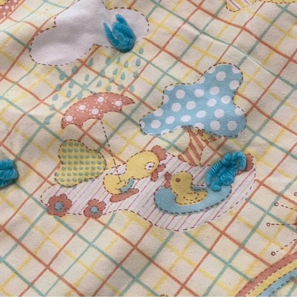 Vintage Baby Quilt‎ Reversible Animal Grid Floral Blue Yarn Tied Nursery Blanket